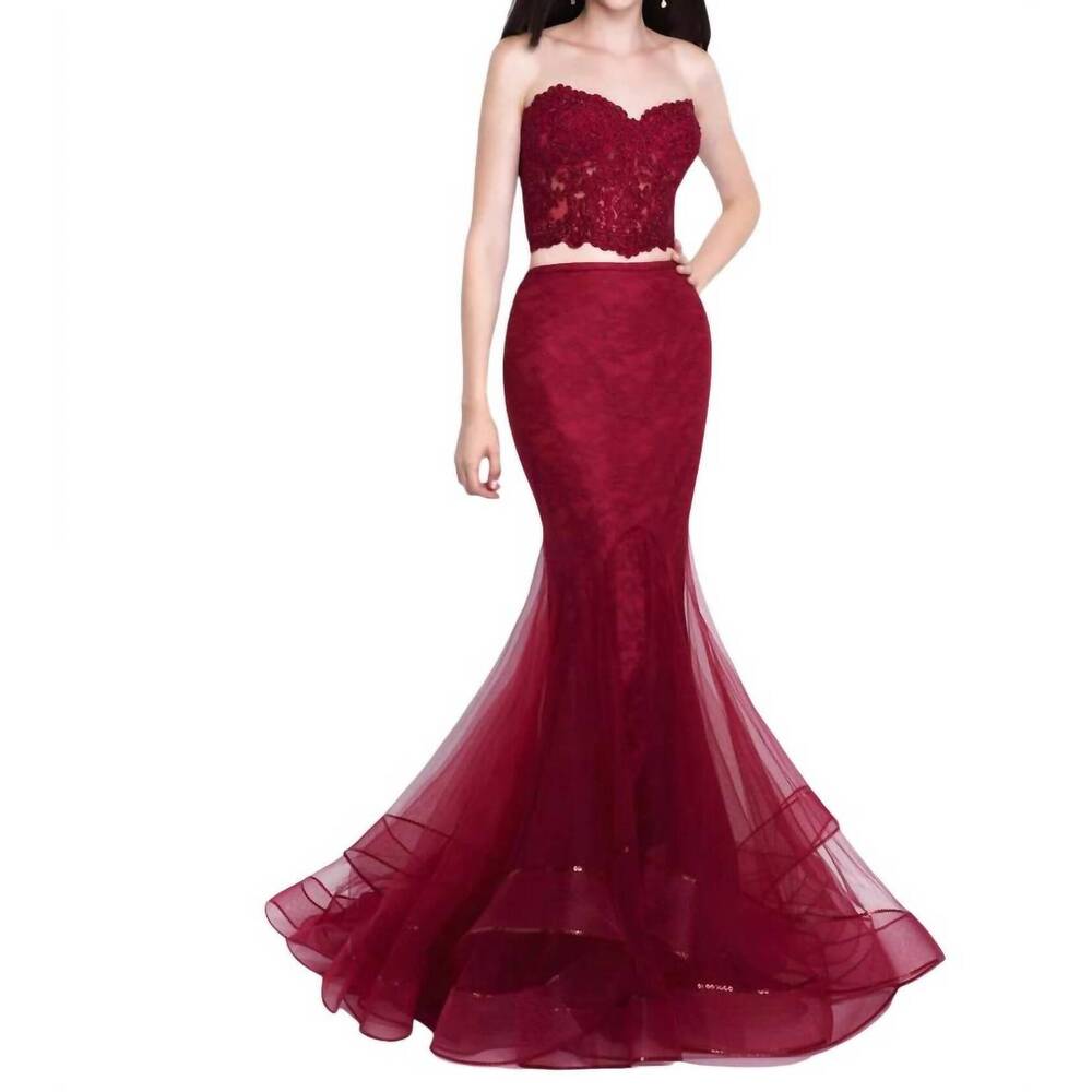 NEW BLUSH PROM tulle lace mermaid two piece gown in sangria
